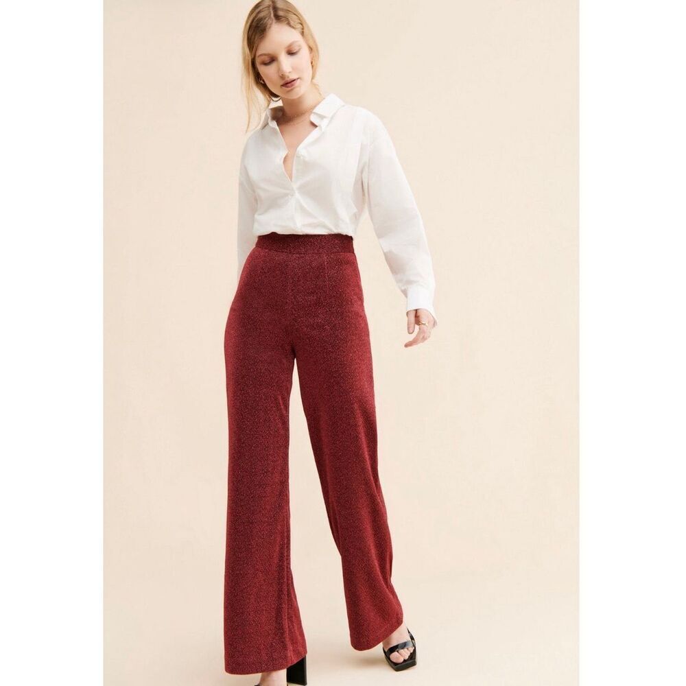 Audette Sz M Anthropologie Seventeen Metallic High Rise Wide Leg Pants Burgundy